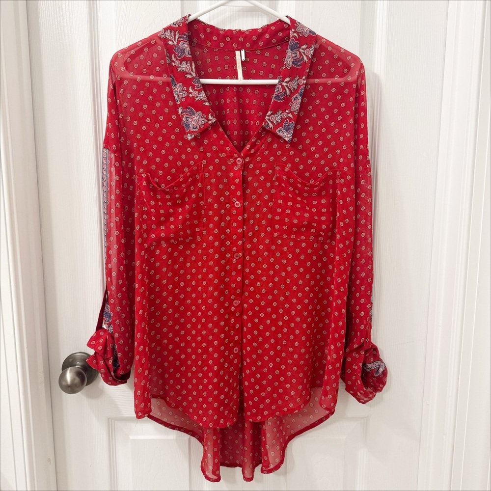 Free People Womens Easy Rider Red Combo Button Down Blouse Sz L Sheer Floral